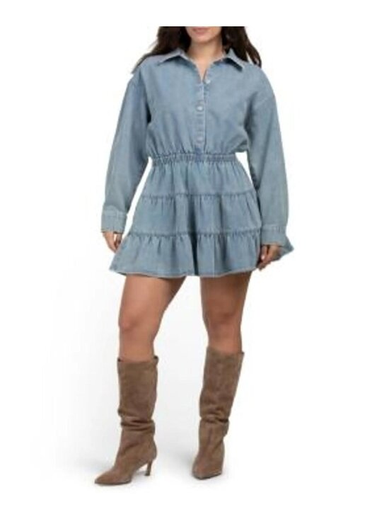 PAIGE Dresses & Skirts - Paige Womens Denim Collared Tiered Mini Dress Long Sleeve Size 0 New With Tag